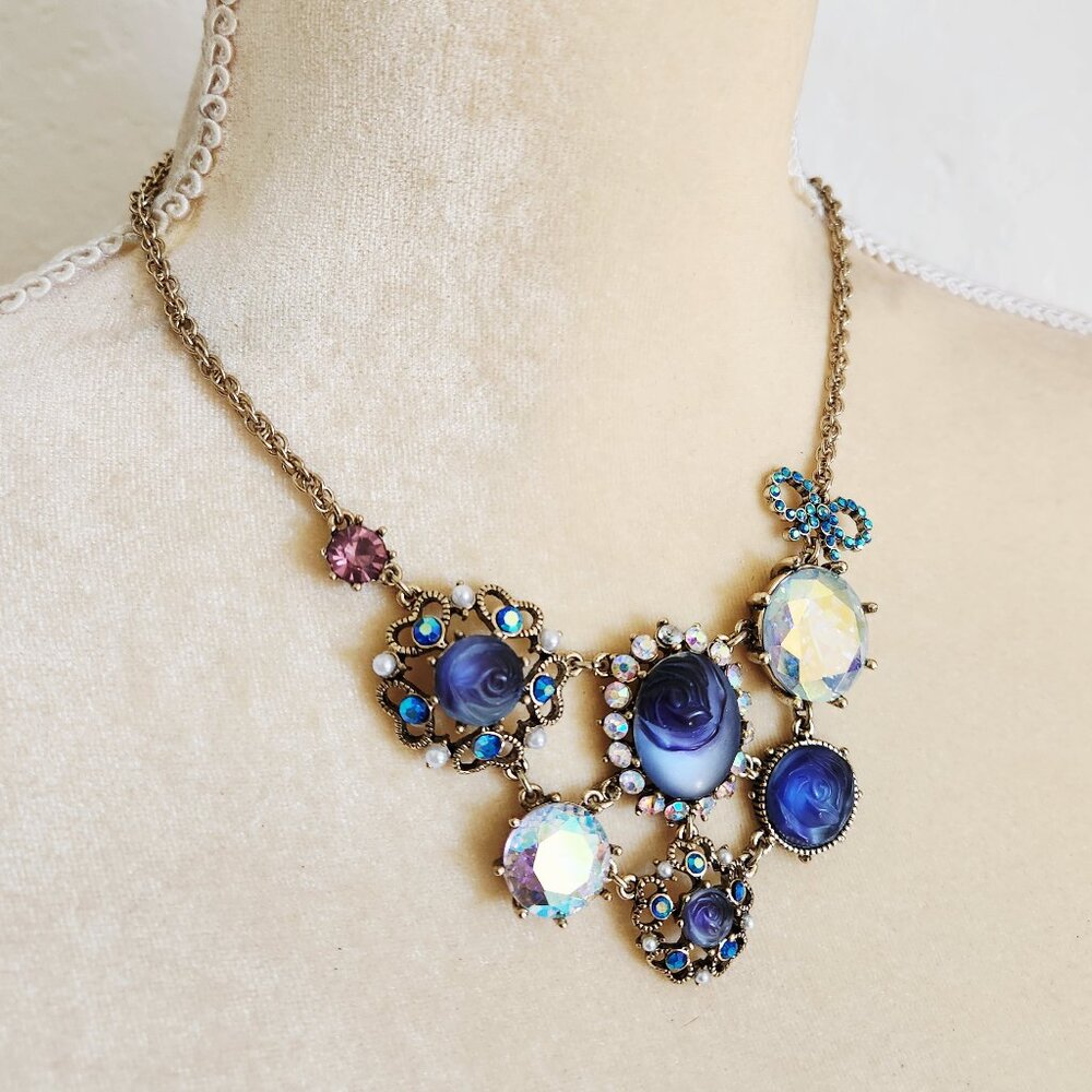 Betsey Johnson Blooming Garden Carved 3D Rose Floral Blue Crystal Bib Necklace